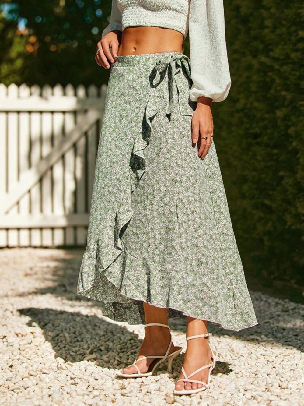 SHEIN Green Floral Wrap Skirt with Ruffle Hem